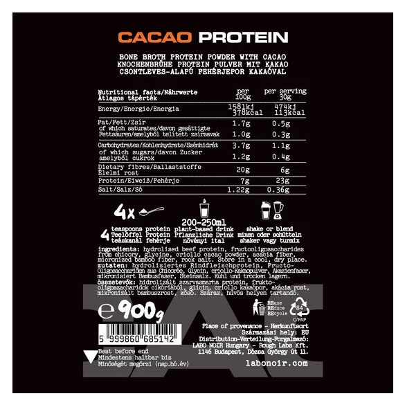 LABO NOIR CACAO protein, kakaós fehérjepor (csontleves alapú) - 900 g