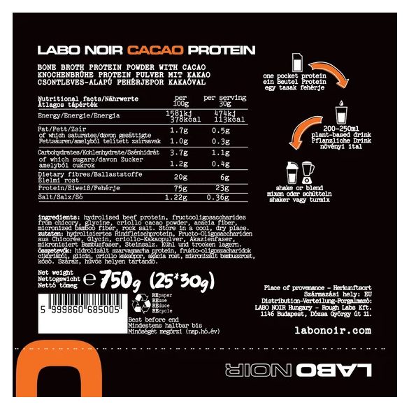 LABO NOIR CACAO protein, kakaós fehérjepor (csontleves alapú) - 750 g