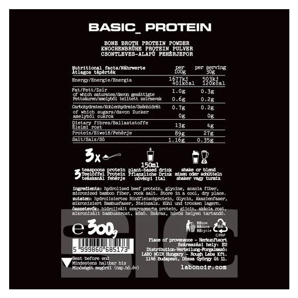 LABO NOIR BASIC protein, natúr, inulin mentes fehérjepor - 300 g