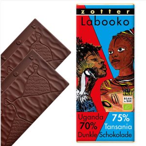 Zotter bio, fair trade, bean-to-bar étcsokoládé, 70% Uganda + 75% Tansania - 70 g